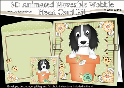 3D Animated Moveable Wobble Head Card Kit - Flower Pot Friends Little Springer Spaniel Dog Blue