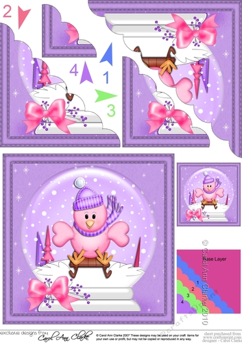 Christmas Little Birdie goes Sledging Snowglobe Scallop Corner Stacker