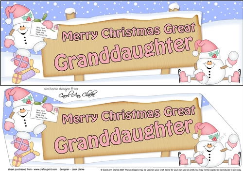 large DL Merry Christmas GREAT GRANDDAUGHTER Snowball Sam 3D decoupage