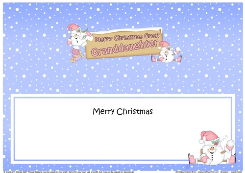 large DL Merry Christmas GREAT GRANDDAUGHTER Snowball Sam insert