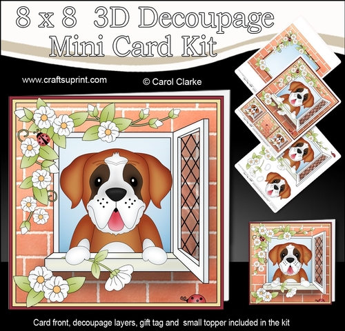 8 x 8 Mini Kit with 3d Decoupage - Through the Window - Little St Bernard Dog Tex