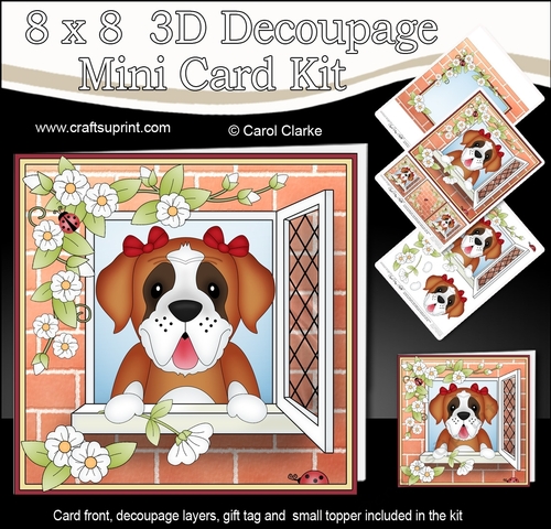 8 x 8 Mini Kit with 3d Decoupage - Through the Window - Little St Bernard Dog Lady