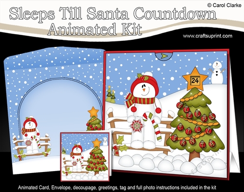 3D Animated Sleeps Till Santa Christmas Tree Countdown Card Kit - Snowman Rio has a Candy Cane