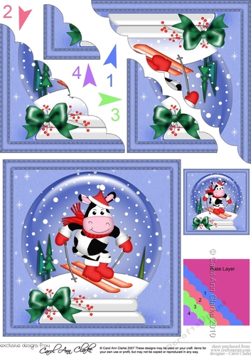 Christmas Snowglobe Milly Moo Cow goes Skiing Scallop Corner side stacker Topper