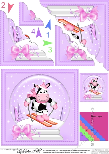 Christmas Snowglobe Milly Moo Cow goes Skiing Scallop Corner side stacker Topper
