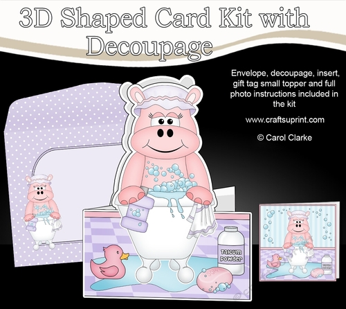 3D Shaped Card  Kit - Bathtub Buddies - Cute Little Hilda Hippo has a Bubble Bath