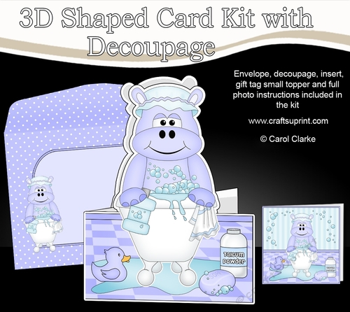 3D Shaped Card  Kit - Bathtub Buddies - Cute Little Harold Hippo has a Bubble Bath