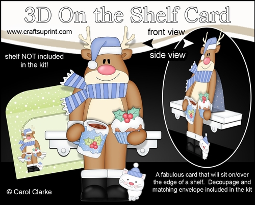 3D Christmas On the Shelf Card Kit - Christmas Rudolph has a Hot Chocolate & Festive Cupcake