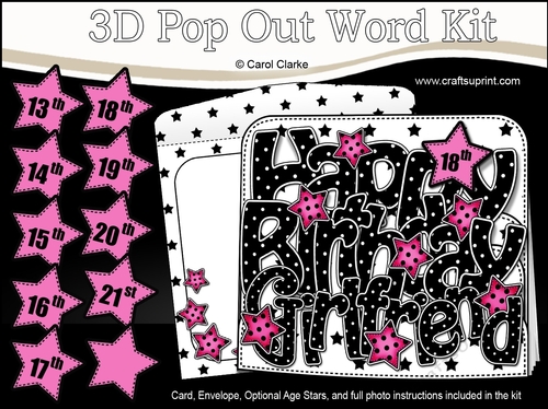 3D Happy Birthday GIRLFRIEND Stars with Ages 13 to 21 Pop Out Word Card Kit