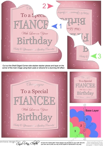 Birthday FIANCEE Pink Champers label Shell Edged Corner Stacker