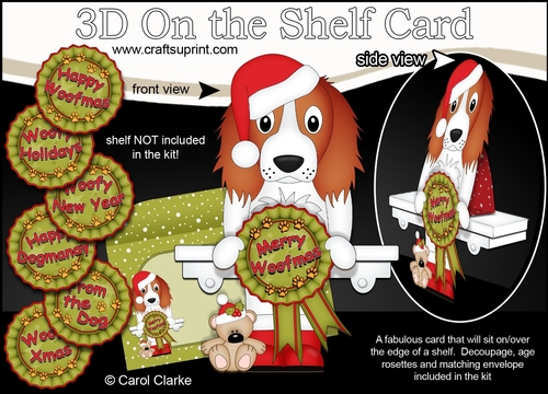 3D On the Shelf Card Kit - Christmas Springer Spaniel Dog with Seasonal Greetings Rosettes