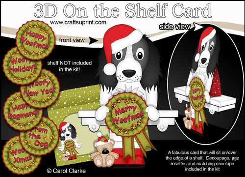 3D On the Shelf Card Kit - Christmas Springer Spaniel Dog with Seasonal Greetings Rosettes