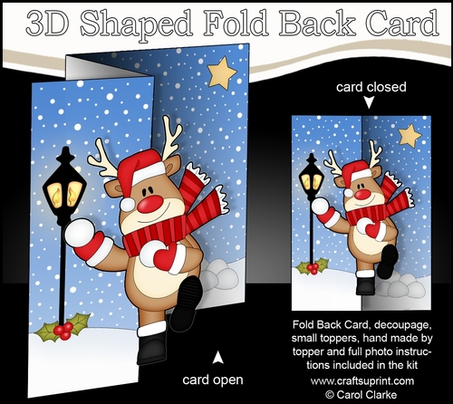 3D Shaped No-Hole Fold Back Christmas Card Mini Kit  - Rudolph is having a Snowball Fight