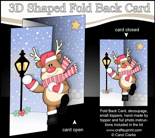 3D Shaped No-Hole Fold Back Christmas Card Mini Kit  - Rudolph is having a Snowball Fight