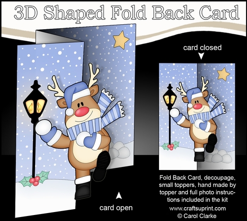 3D Shaped No-Hole Fold Back Christmas Card Mini Kit  - Rudolph is having a Snowball Fight