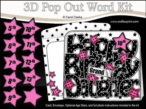 3D Happy Birthday GRANDDAUGHTER Stars with Ages 5 to 13 Pop Out Word Card Kit