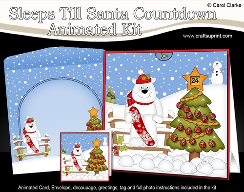 3D Animated Sleeps Till Santa Christmas Tree Countdown Card Kit - Ben Polar Bear is going Snowboarding
