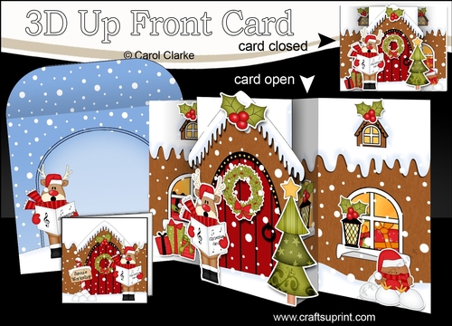 3D Up Front Card Kit -  Rudolph is Carol Singing at the Christmas Gingerbread House
