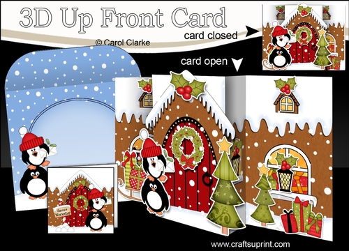 3D Up Front Card Kit -  Cute Penguins deliver an Xmas Card to the Christmas Gingerbread House