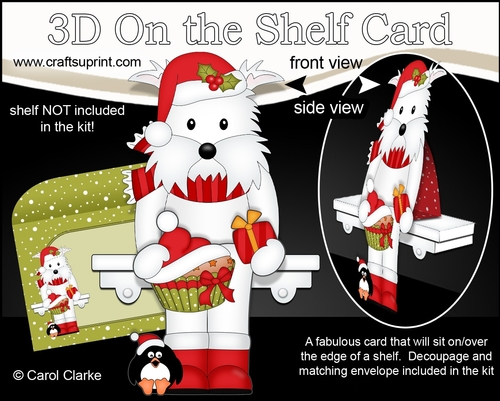 3D Christmas On the Shelf Card Kit - Cute Christmas Westie Dog Jock has a Fesive Cupcake