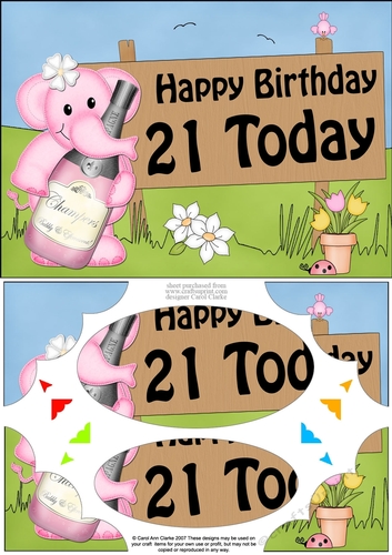A5 Lola Elephant Happy Birthday 21 TODAY Scallop Corners and Pyramage