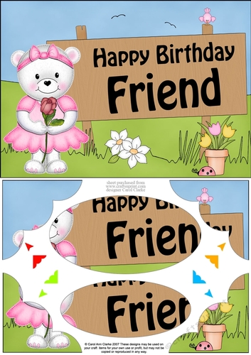 A5 Teddy Tess Happy Birthday FRIEND Scallop Corners and Pyramage