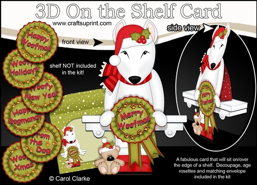 3D On the Shelf Card Kit - Christmas English Bull Terrier Dog with Seasonal Greetings Rosettes
