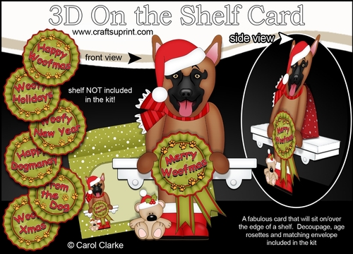 3D On the Shelf Card Kit - Christmas German Shepherd Dog with Seasonal Greetings Rosettes