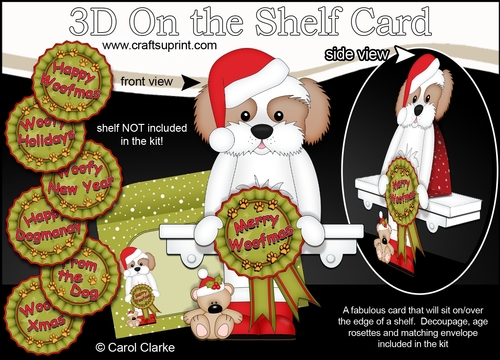 3D On the Shelf Card Kit - Christmas Cavachon Dog with Seasonal Greetings Rosettes