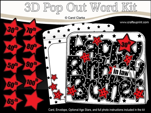 3D Happy Birthday BROTHER IN LAW Stars with Ages 30 to 100 Pop Out Word Card Kit