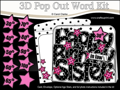 3D Happy Birthday SISTER IN LAW Stars with Ages 30 to 100 Pop Out Word Card Kit