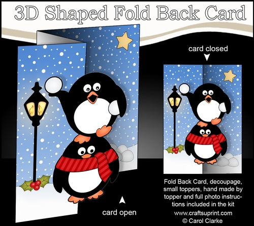 3D Shaped No-Hole Fold Back Christmas Card Mini Kit  -   Pip Penguin & Friend have a Snowball Fight