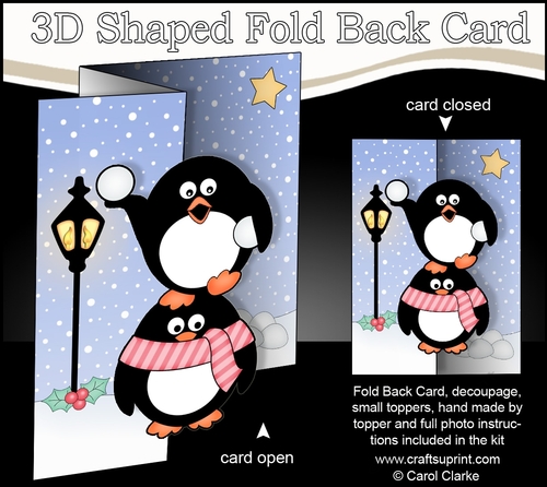 3D Shaped No-Hole Fold Back Christmas Card Mini Kit  -   Pip Penguin & Friend have a Snowball Fight