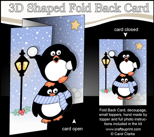3D Shaped No-Hole Fold Back Christmas Card Mini Kit  -   Pip Penguin & Friend have a Snowball Fight