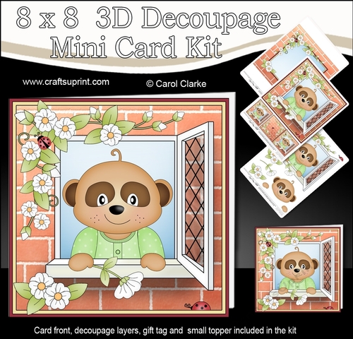8 x 8 Mini Kit with 3d Decoupage - Through the Window - Little Baby Meerkat Alexis