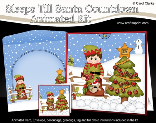 3D Animated Sleeps Till Santa Christmas Tree Countdown Card Kit - Little Elf has a Sack of Christmas Presents