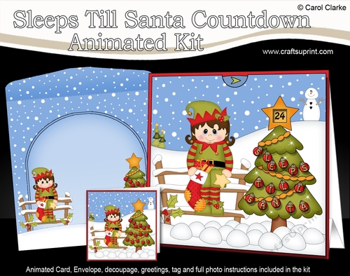 3D Animated Sleeps Till Santa Christmas Tree Countdown Card Kit - Little Elf has a Christmas Stocking