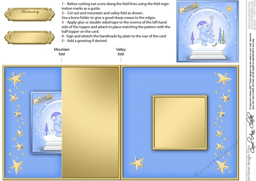 Cute Christmas Elephant has a Christmas Snowflake Snowglobe No-Hole Fold Back Card