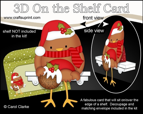 3D Christmas On the Shelf Card Kit - Cute Christmas Bobbin Robin has an Xmas Pudding