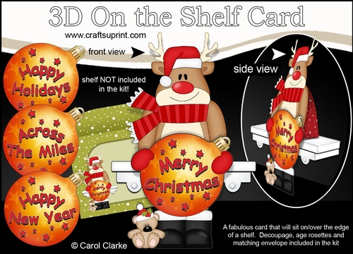 3D Christmas On the Shelf Card Kit - Rudolph has an Xmas Bauble with Greetings Sentiments Decoupage
