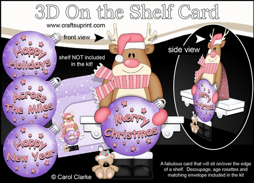 3D Christmas On the Shelf Card Kit - Rudolph has an Xmas Bauble with Greetings Sentiments Decoupage
