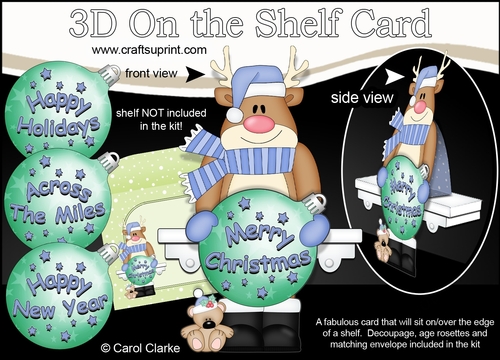 3D Christmas On the Shelf Card Kit - Rudolph has an Xmas Bauble with Greetings Sentiments Decoupage