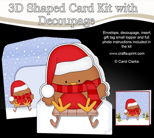 3D Shaped Christmas Card Kit  - Cute Little Sledging  Bobbin Robin