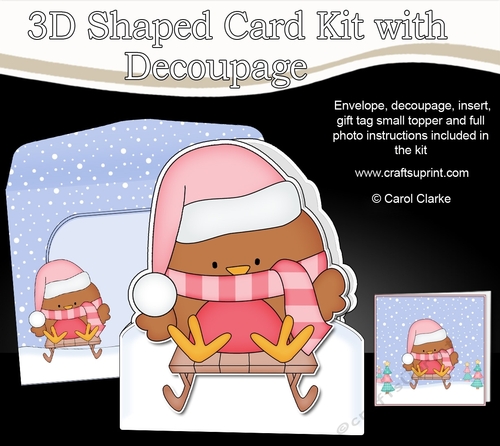 3D Shaped Christmas Card Kit  - Cute Little Sledging  Bobbin Robin