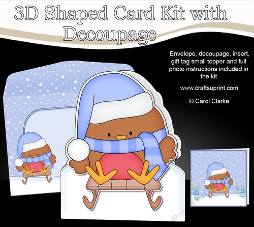 3D Shaped Christmas Card Kit  - Cute Little Sledging  Bobbin Robin