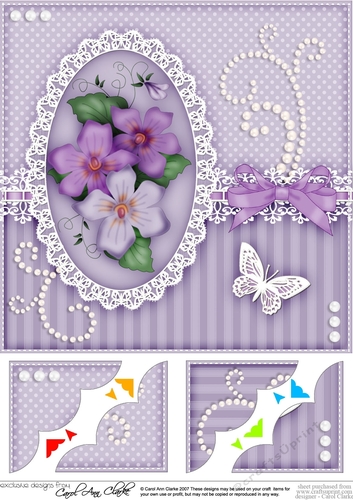 8 x 8 A Touch of Elegance Pretty Violas, Butterfly, Pearls and Lace Scalloped Corner Topper  