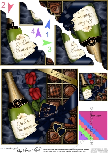 Husband Anniversary Champers Chocs & Roses Scalloped Corner Stacker