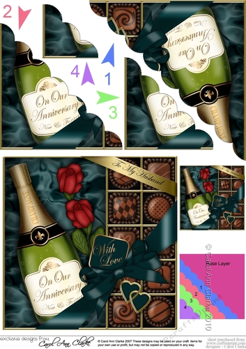 Husband Anniversary Champers Chocs & Roses Scalloped Corner Stacker