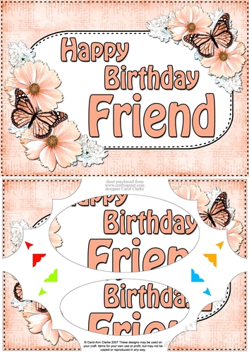 A5 Happy Birthday FRIEND Butterflies & Flowers Scallop Corners and Pyramage