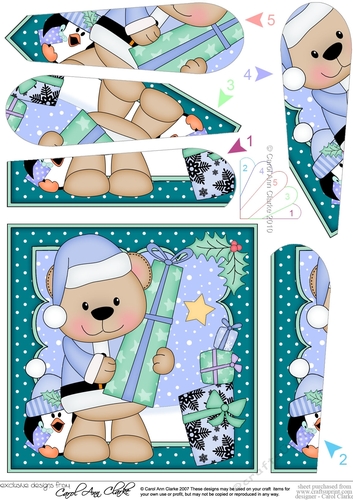 Christmas Livvy Bear has a Present fan Pyramage Topper